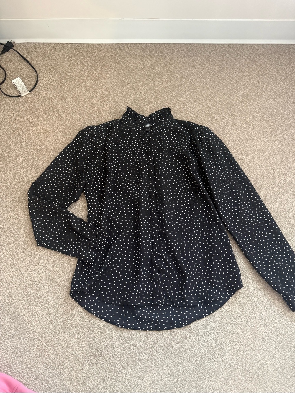 Express Black Polka Dot Ruffle-Neck Blouse